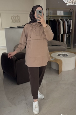 Camel Yarım Fermuarlı Kapüşonlu Tunik