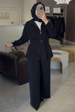 Siyah Pile Detaylı Pantolonlu İkili Takım