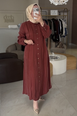 Kiremit Düğme Detay İpek Kupra Elbise