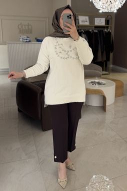 Ekru ANGORA GÖĞÜS  ÜSTÜ TAŞLI TUNİK 7002