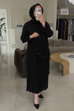 Siyah Kırışık Etekli Takım
