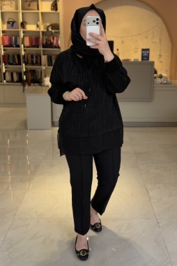 Siyah ŞİFON KOMBİNLİ METAL TOKALI TUNİK