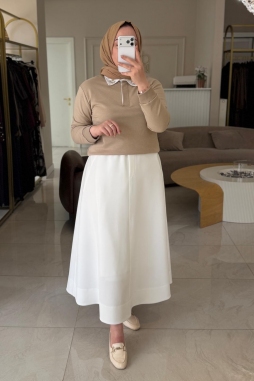 Bej Yaka Taşlı Sweat 