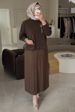 Kahverengi SATEN KURDELE DETAYLI ETEKLİ TAKIM