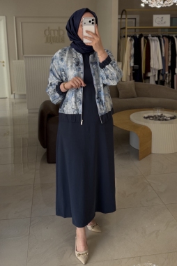 Lacivert Batik Bomber Ceketli Elbise