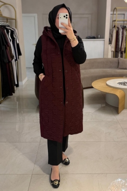 Bordo RİBANA DETAYLI UZUN YELEK 6069