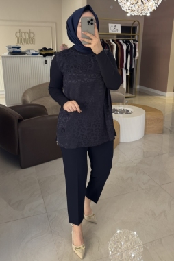 Lacivert İPEK DETAYLI MERSERİZE FERMUARLI TUNİK