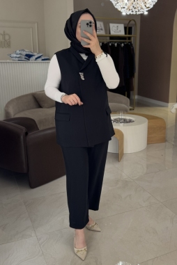 Tıg Trıko Siyah Tek Düğmeli Yelek Pantolon Takım