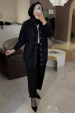 Siyah ANGORA ÇİÇEK İŞLEME UZUN HIRKA 7007