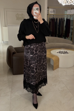 Siyah Leopar Dantel Detay Etek