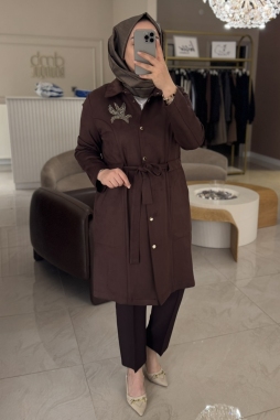 Kahverengi TAŞ İŞLEMELİ ÇIT UZUN KAP 6012