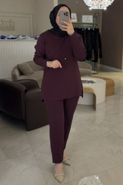 Nuss Bordo Broşlu Pantolonlu Triko Takım 1353