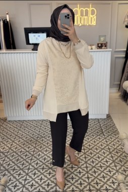 Bej Dantel Asimetrik Tunik