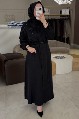 Siyah Boncuk İşleme Kemerli 6186 Elbise