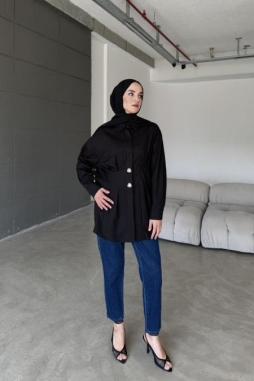 Siyah POPLİN DÜĞME GÖMLEK