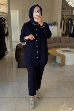 Lacivert Taş Detaylı Rayon Ceket