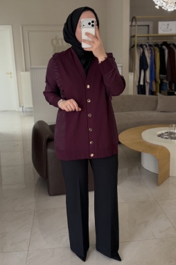 Mürdüm Fırfır Detaylı Jakar Kumaş Mixli Triko Hırka