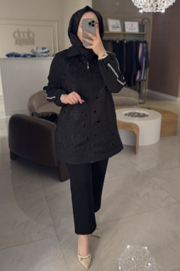 Siyah Motif Kumaş Kolları Taşlı Giyçık