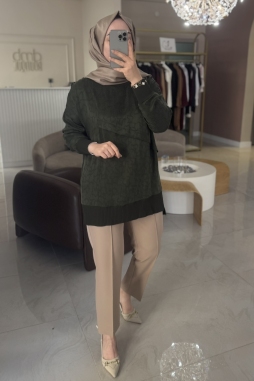 Camel Nervürlü Beli Lastikli Pantolon