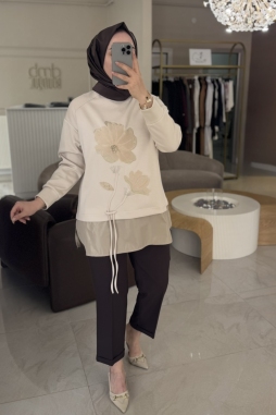 Bej Çiçek Nakışlı Tunik