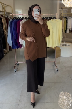 Kahverengi ÖRGÜ DETAYLI RAYON TUNİK