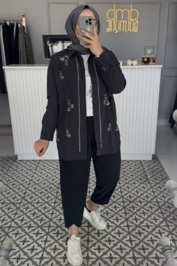 Antrasit Boncuk Desen İşleme Gömlek