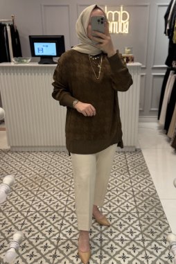 Kahverengi İpek Kazayağı Tunik