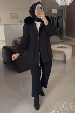 Siyah ORİJİNAL ÇIKARILABİLİR KÜRKLÜ PARKA