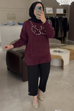 Bordo ANGORA GÖĞÜS  ÜSTÜ TAŞLI TUNİK 7002