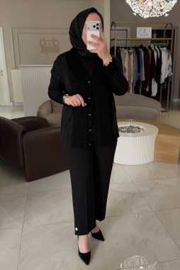 Siyah KUMAŞ DETAYLI DÜĞMELİ HIRKA