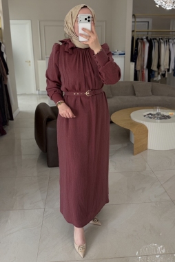 Bordo Sim Şeritli Kemerli Elbise 2028