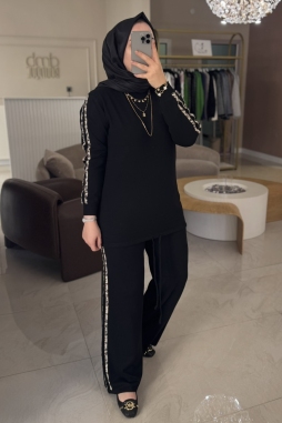 Siyah Leopar Şeritli Pantolonlu Takım