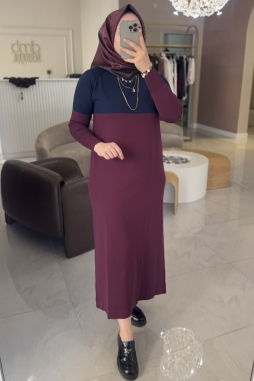 Bordo BLOK RENK GEÇİŞLİ ELBİSE