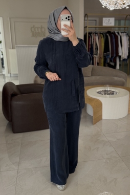 Nuss Lacivert İpek Kupra Pantolonlu Takım 1039