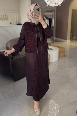 Bordo İpek Yelekli Elbise