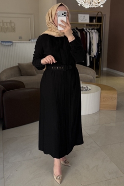Siyah NERVÜR DETAYLI KEMERLİ ELBİSE 2050