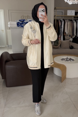 Ekru SİM ŞERİT DETAYLI BOMBER 