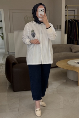 Lacivert Triko Ribana Detaylı Çizgili Gömlek