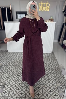Bordo İPEK BEL DETAY ELBİSE 2035