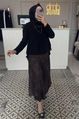Kahverengi Leopar Saten Kloş Etek
