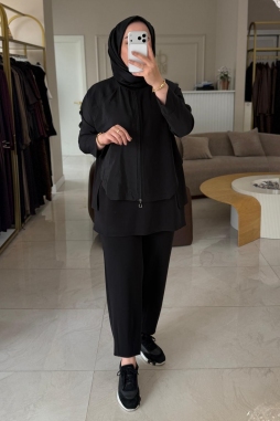 Siyah Asimetrik Detaylı Oversize Tunik Pantolon Takım 5185