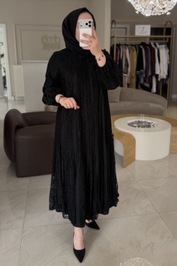 Siyah DANTEL TAŞ İŞLEME KUPRA  ELBİSE 