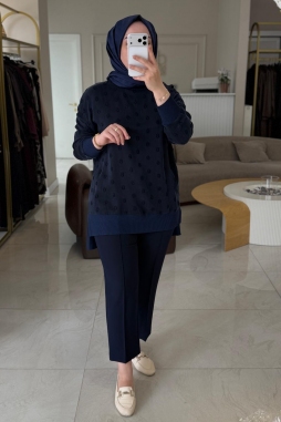 Lacivert Puantiye Detaylı Kupra Tunik