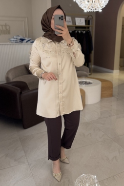 Bej Pul Çiçek Gömlek 3216