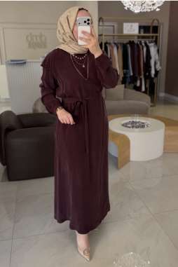 MÜRDÜM OMUZ FIRFIRLI VE TAŞLI KUPRA ELBİSE 2043