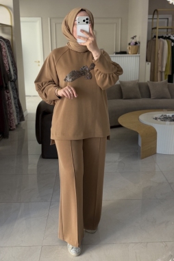 Camel Kol Detaylı Boncuk İşlemeli Takım 1077