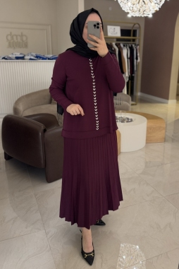 Nuss Bordo Taş Detaylı Etekli Takım 1351