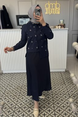 Lacivert TAŞ İŞLEME PAMUK GÖMLEK