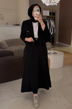 Siyah Düğme Detay Ceket Etek Takım