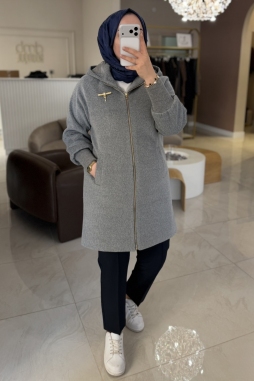 Gri FERMUARLI KAPÜŞONLU KABAN